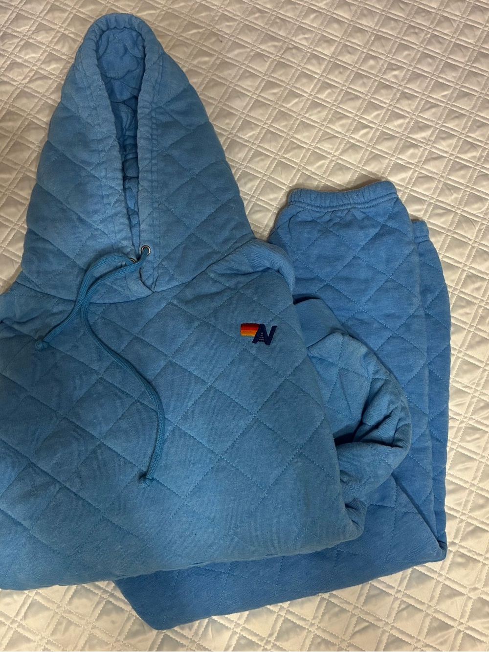 Aviator Nation Blue Quilted Kids Hoodie & Joggers Set with Rainbow N Logo